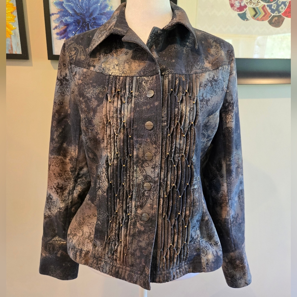 Coldwater Creek Women's Textured snap button jacket blue with metallic detail